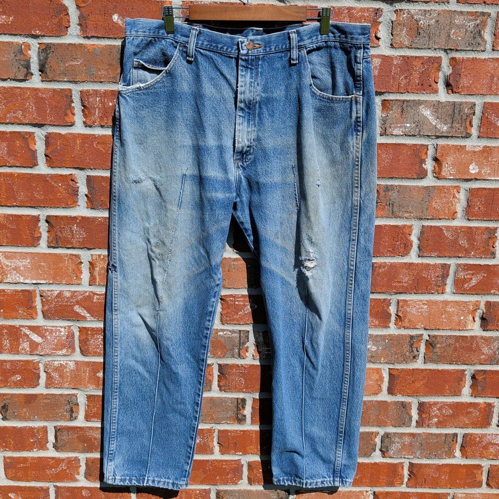 Rustler Straight Leg Jeans Mens 36x29 Blue Distressed Repaired Workwear Denim